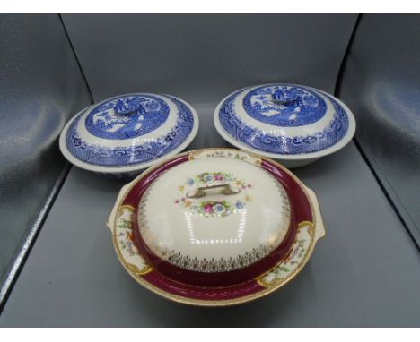 Two Barratts of Staffordshire blue and white Willow pattern lidded tureens and a Royal Crown Myott lidded tureen