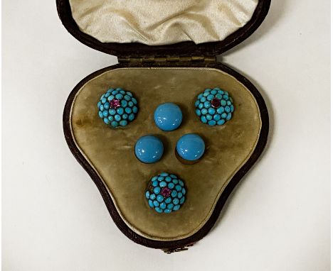 9CT GOLD TURQUOISE &amp; RUBY COLLAR STUD SET - BOXED, VINTAGE