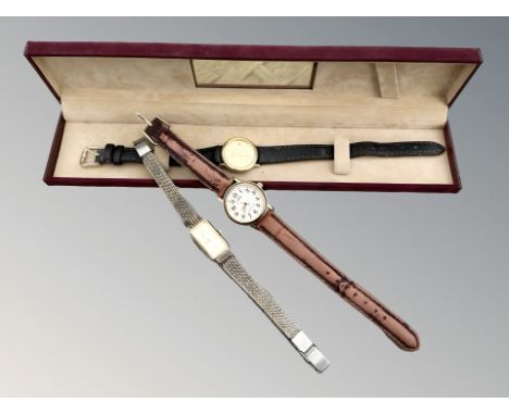 A lady's gold plated Raymond Weil quartz calendar wristwatch, a further Lorus watch and a Citizen watch 