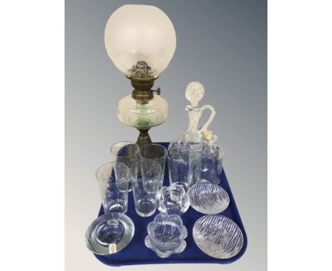 An oil lamp and a group of Scandinavian glassware including Holmegaard and other tea light holders, decanter, glasses, etc. 