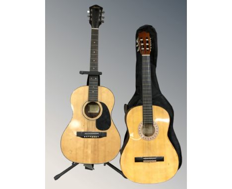 A Harmony acoustic guitar and a Hohner Concerta guitar, with one soft carry bag and a guitar stand.
