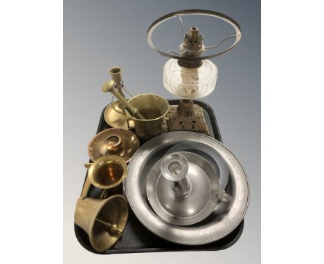 A brass and glass oil lamp, brass pestle and mortar, pewter ejector candlestick, dishes, etc.
