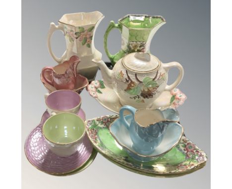 Maling lustre wares including two jugs, tea pot, gondola dishes, pair of sandwich plates with tea cups, etc.