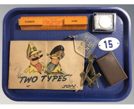 A brass door knocker in the form of a masonic compass and square, an Adapter tin plate school case, Queen Mary commemorative 