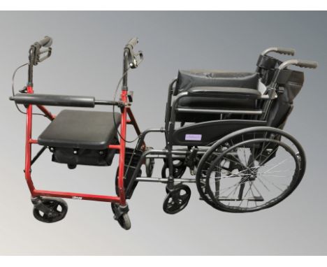 A folding wheelchair and a mobility walking aid.