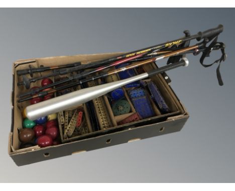 A quantity of Meccano, billiards balls, walking sticks, baseball bat. (1 box)