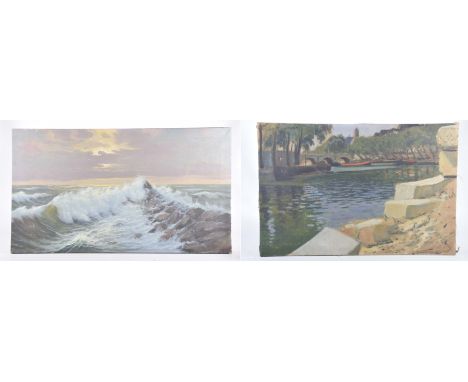 Two oil paintings on canvas, early 20th CenturyThe first depicting a possibly French river scene with boats, 62x90cm, second 