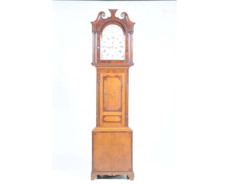 A George III oak and mahogany crossbanded longcase clock, G Monk, PrescotThe case with a twin swan neck pediment above a twel