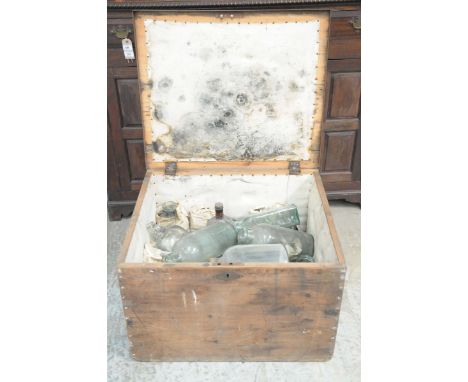 A vintage pine hinged trunk and a collection of glass jarsThe trunk stamped A.R.C 'With Care' enclosing a padded interior alo