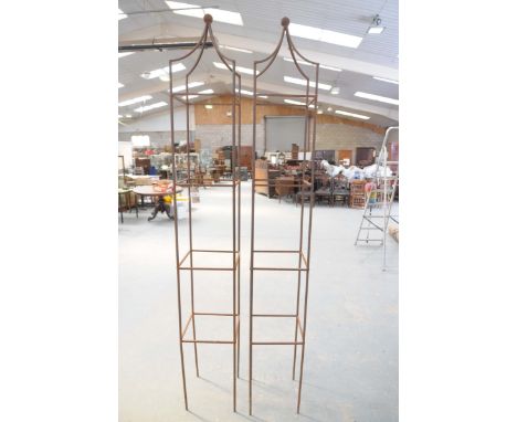 A pair of hand forged wrought iron square garden obelisks With a spherical finial, heigh 230x32cm 