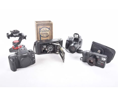 A Collection of camerasTo include an Olympus IS-1000,Cannon EOS30V,Cannon Megazoom 105Carbine folding camera and a tripod hea