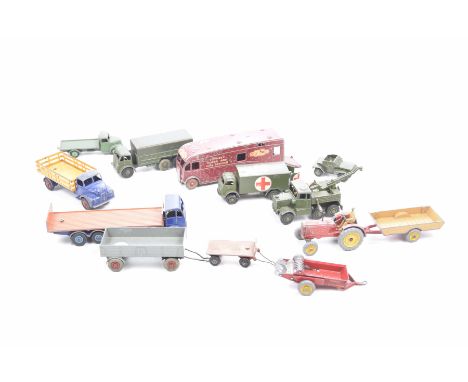 Thirteen unboxed Dinky diecast vehiclesIncluding four military vehicles, green Fordson flatbed lorry, British Railways Expres