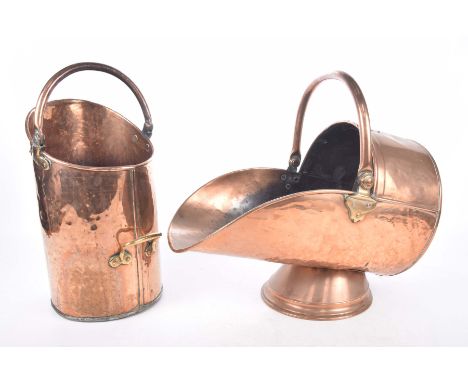 A copper helmet coal bucket, early 20th CenturyFurther copper and brass coal bucket.  (2) 