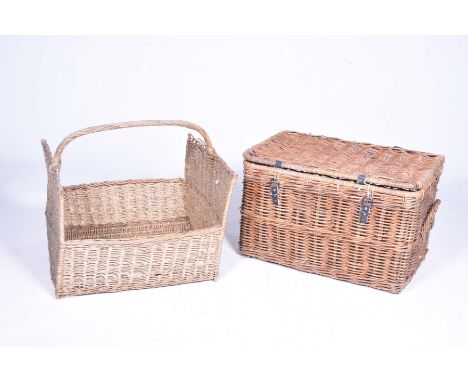 Two vintage wicker basketTo include a log basket with an overhead handle, the second basket with a hinged cover and side hand