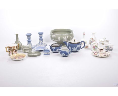 A collection of blue and white Jasper wareTo include a pair of candlesticks, three piece bachelors tea service, vases, boxed 