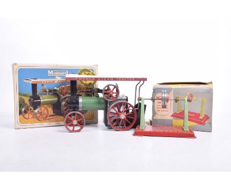 A boxed Mamod steam traction engine T.E.1aIn green, red and white and a boxed Mamod line shaft.