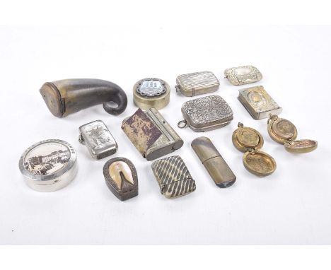 A collection of vesta cases, late 19th early 20th Century To include various examples, sovereign cases, horn snuff mull, hors