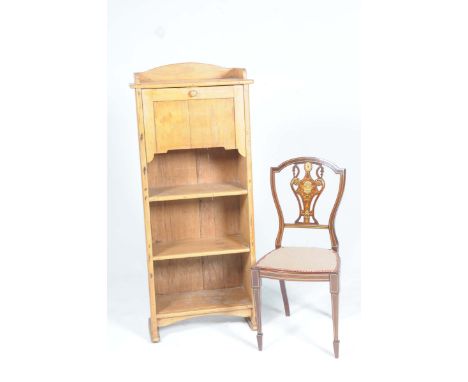 A pine freestanding bookcase and an Edwardian side chairThe bookcase with a galleried top above fall front and three enclosed