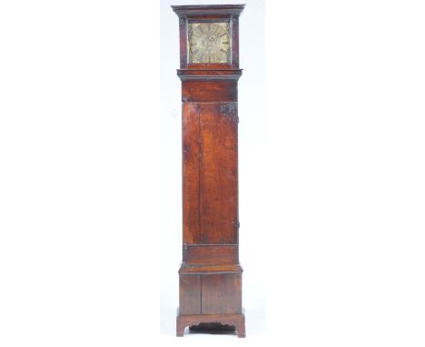 A 17th/18th Century primitive oak longcase clock, J N Satterthwaite, St BeesWith a moulded cornice above the brass eleven inc