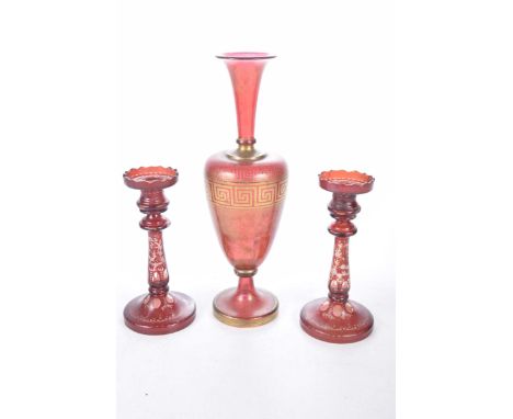 Good quality cranberry and gilt glass vase, late 19th Century39cm vase with Greek key decoration, a pair of cut glass Bohemia