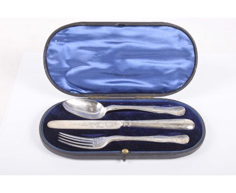 A cased three piece Christening setTo include knife, fork and spoon all with foliate chased decoration Sheffield 1895, total 
