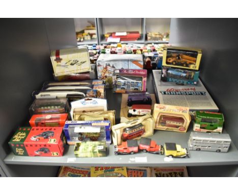 A shelf of modern Die-casts including Days Gone Showmans x3, Corgi 60 Years of Transport, 1981 Matchbox Royal Wedding Bus, Va