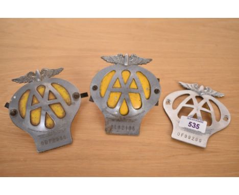 Three vintage AA Badges, 1945-1957, period of 0A-0Z Prefixes, numbered 0F99299, 0D72958 &amp; 0L62188