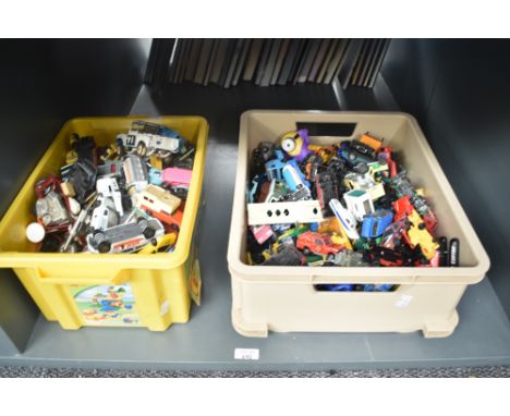 Two boxes of playworn Die-casts including Matchbox, Majorette, Dinky etc, 150+
