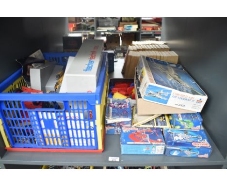 A shelf of mixed vintage Meccano, modern in boxes along with a ESCI 1:48 scale plastic kit, Fairchild A-10 Thunderbolt II, ap
