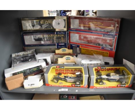 A shelf of modern Die-casts including six Corgi 1:50 scale Limited Edition Containers, all missing Tractor Units, Burago 1: 2