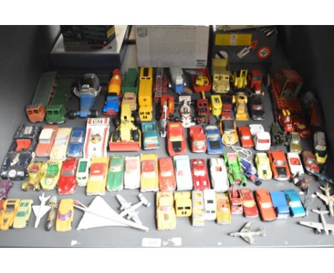 A shelf of playworn Die-casts including Two Dinky Supertoys Foden 8 Wheel Wagons, one with chains, Corgi, Matchbox, Dinky Aer