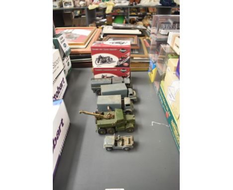 Five Dinky Military Die-casts, 642 Pressure Refueller, 661 Recovery Tractor, repainted 623 Army Wagon, 621 3 Ton Army Wagon a