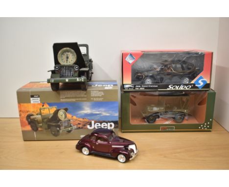 Two Solido and UT Models 1:18 scale Die-casts, 9005 Jeep Grand Cherokee and Willy's Jeep, both boxed along with a Jeep Elemen