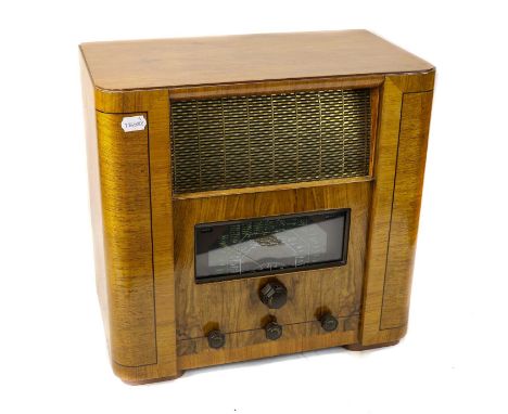 mid 1930s, with separate waveband indicator and magic eye to tuning scale, bakelite surround below metal grille speaker, in b