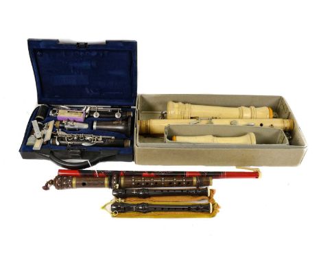 including Bass recorder by Schott Prelude (West Germany) light wood finish, three piece body with metal neck pipe; Roessler M