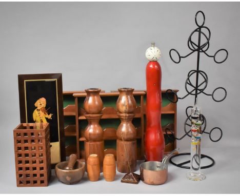 A Collection of Various Wooden Three Shelf Displays, Wooden Candle Holders, Pepper Grinder etc 