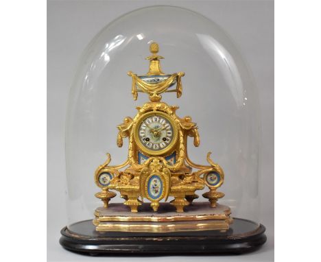 A Late 19th Century Gilded Spelter French Mantel Clock with Sevres Style Porcelain Panels and Vase Finial. Stamped For Mourey