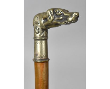 A 19th Century Walking Stick with a White Metal Handle Modelled as a Hunting Dog, 86cm Long 