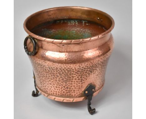 An Arts and Crafts Influenced Copper Planter with Wrought Iron Supports and Twin Handles, 23cm high and 23cm Diameter&nbsp;