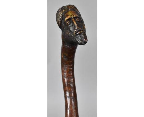 A 19th Century Folk Art Carved Walking Stick, the Handle Modelled as a Saracens Head, 102cm Long 