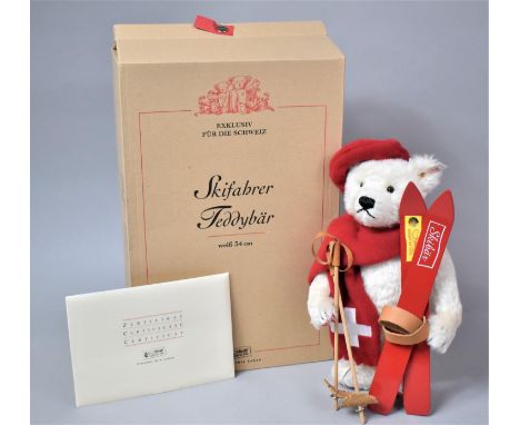 A Limited Edition Steiff Bear, The Skier Teddy Bear, Complete with Box and Certificate, no. 398/1500, White Mohair and Red Fe