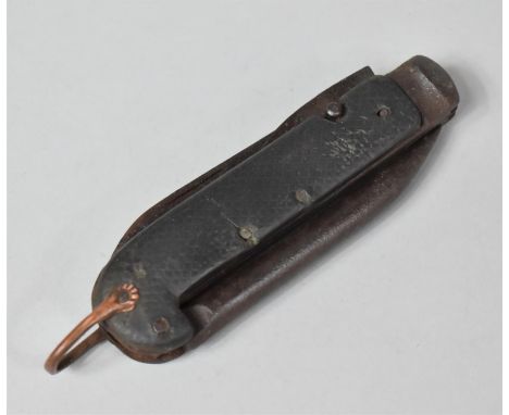 A Vintage Riggers Knife with Marlin Spike and Chequered Grip Having One Long and One Short Blade and Copper Hanging Ring. Som