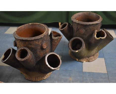 A Pair of Late 19th/Early 20th Century Large Salt Glazed Strawberry Planters of Tree Trunk Form, 40cm Diameter and 57cm high,