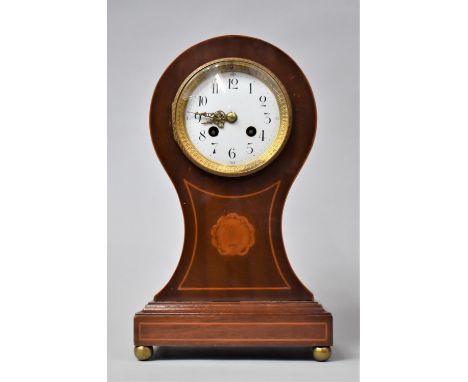 An Edwardian Inlaid Mahogany Balloon Clock with White Enamel Dial and Eight Day Movement. Working Order. 33cms High 