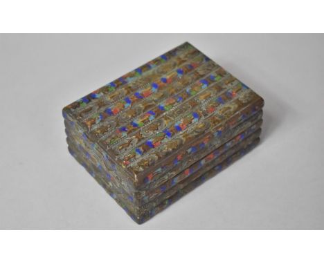 An Early 20th Century Chinese Brass and Enamel Box Decorated in Alternating Row Panels Depicting Fish, Flowers and Scroll Mot