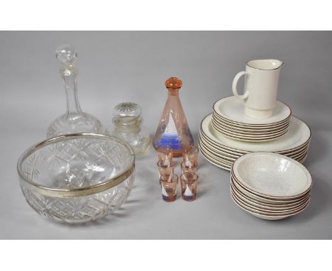 A Collection of Various Glassware to Include Sailing Boat Tot Set, Decanter etc Together with Poole Dinner Plates, Side Plate