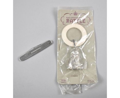 A Vintage Child's Teething Ring Rattle Together with a Silver Mounted Pocket Knife 