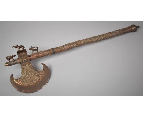 A Late 19th/Early 20th Century Indian Copper Axe with Crescent Blade and Elephant and Lion Mounts. Engraved Cylindrical Shaft