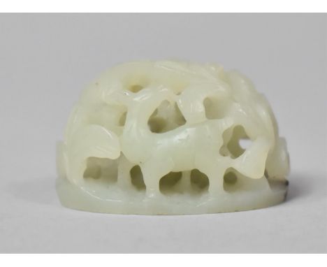 A Very Pale Green Chinese Jade Hat Finial Carved in Open Work with Deer in Forest, Slightly Convex Underside with Four Small 