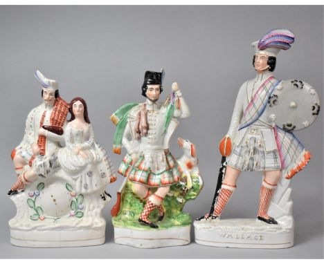 Three 19th Century Staffordshire Pottery Figures of Scottish Highland Interest, Figure of Scottish Highlander with Hunting Do